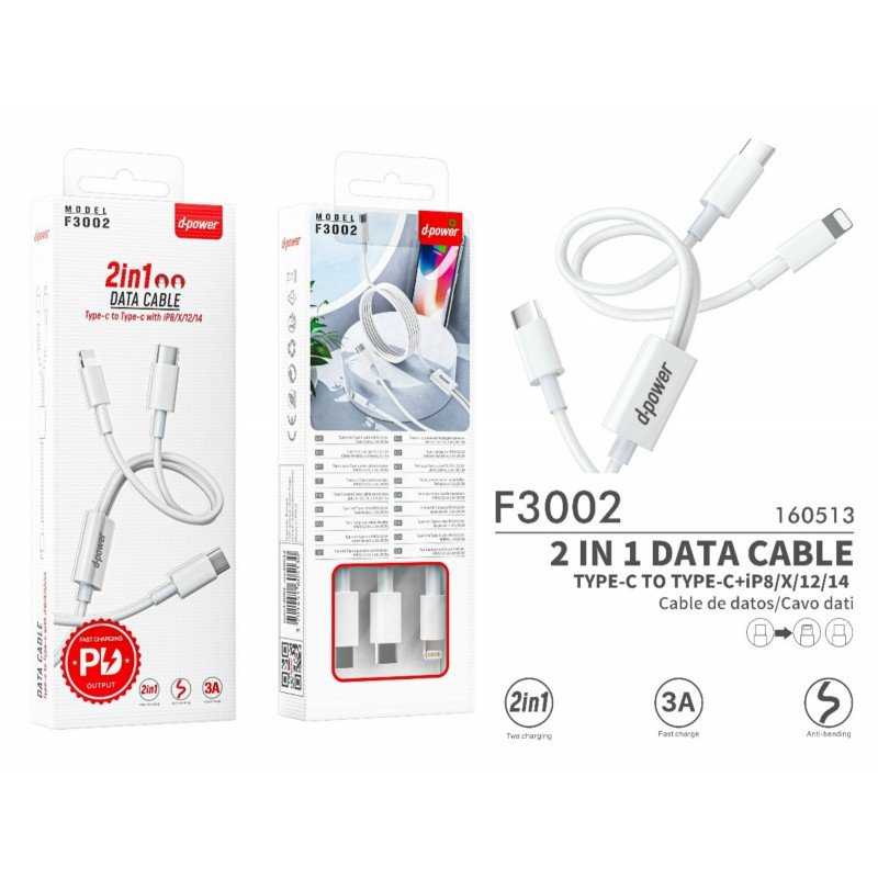 cable-3in1-blanc.jpg F3002 Câble 2IN1 - Blanc Type-C vers Type-C + Lightning - Image 1