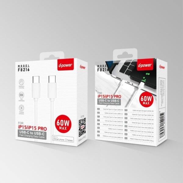 F8216 Câble TPE Type C vers Type C pour ip 15 60W Max 1m - Blanc