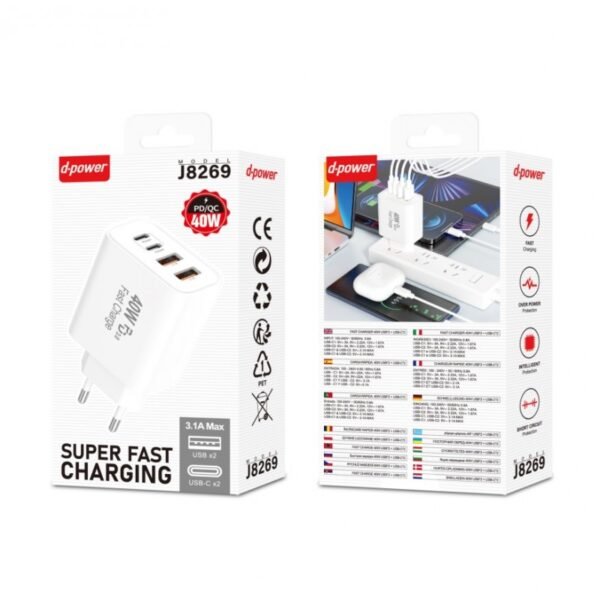 Chargeur J8269 PD/QC 40W 2*USB + 2*USB-C