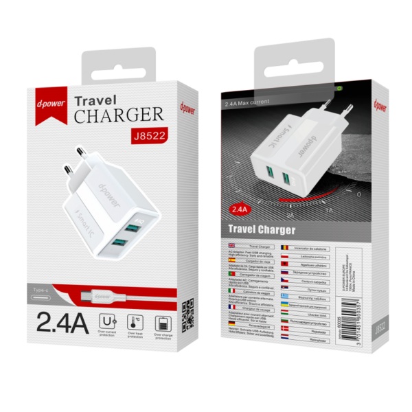 Prise secteur 2 ports USB + câble Type C - Blanc