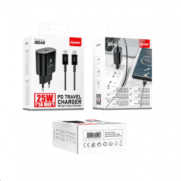 J8548 Prise PD 25W + Cable Type-C vers Type-C Noir Chargeur Complet