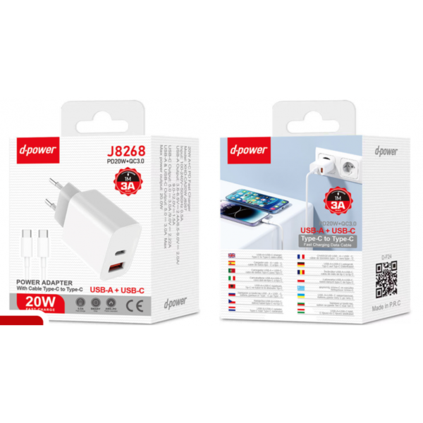 Charger J8268 QC3.0+PD 20W With Cable C to C 1m