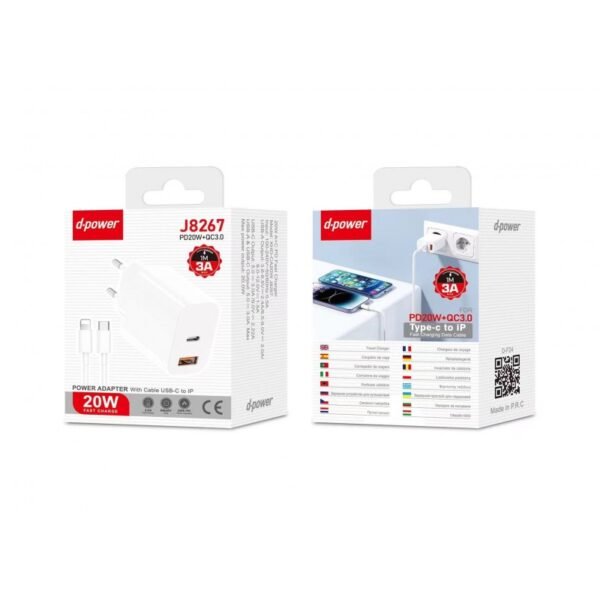 Charger J8267 QC3.0+PD 20W With Cable C to Lightning 1m