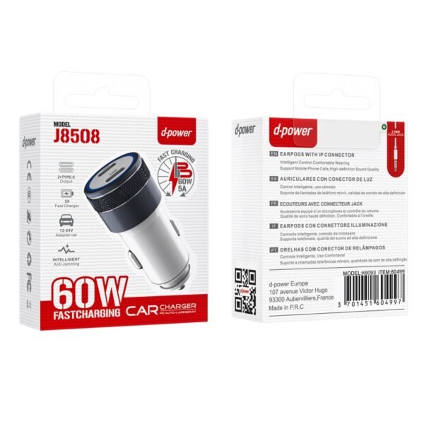 J8508 Chargeur Voiture avec 2 Port USB-C PD 60W