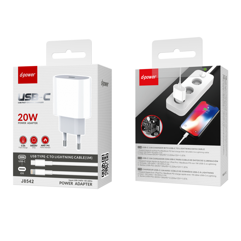 prise-type-c-18w-cable-type-c-vers-ligthning-blanc.png Prise Type C 20W + câble Type C vers ligthning - Blanc - Image 1